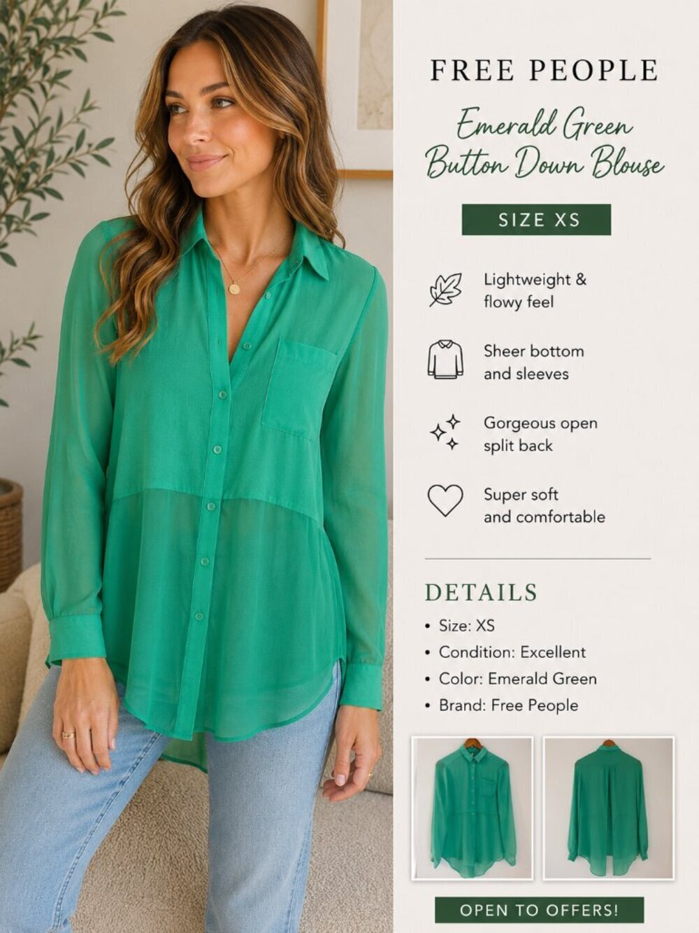 FREE PEOPLE ~ Emerald Green Button Down Blouse ~ size XS